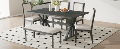Farmhouse Classical 6-Piece Dining Table Set with Trestle Legs,Kitchen Table Set for 6 with 4 Upholstered Dining Chairs and Bench, Grey