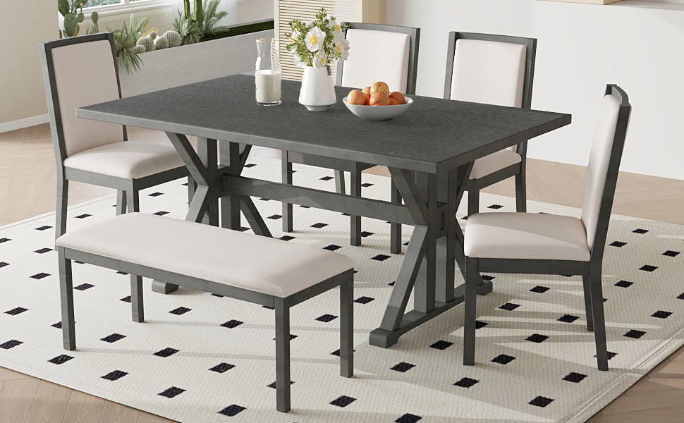 Farmhouse Classical 6-Piece Dining Table Set with Trestle Legs,Kitchen Table Set for 6 with 4 Upholstered Dining Chairs and Bench, Grey