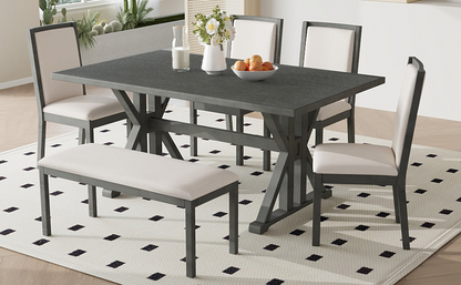Farmhouse Classical 6-Piece Dining Table Set with Trestle Legs,Kitchen Table Set for 6 with 4 Upholstered Dining Chairs and Bench, Grey