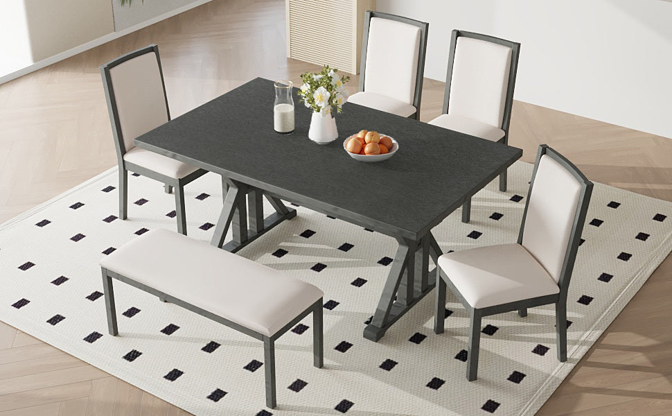 Farmhouse Classical 6-Piece Dining Table Set with Trestle Legs,Kitchen Table Set for 6 with 4 Upholstered Dining Chairs and Bench, Grey