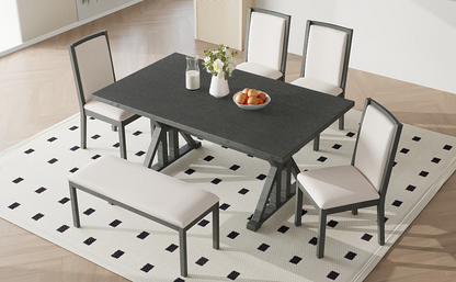 Farmhouse Classical 6-Piece Dining Table Set with Trestle Legs,Kitchen Table Set for 6 with 4 Upholstered Dining Chairs and Bench, Grey