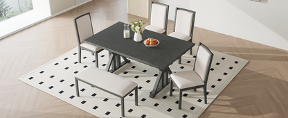 Farmhouse Classical 6-Piece Dining Table Set with Trestle Legs,Kitchen Table Set for 6 with 4 Upholstered Dining Chairs and Bench, Grey