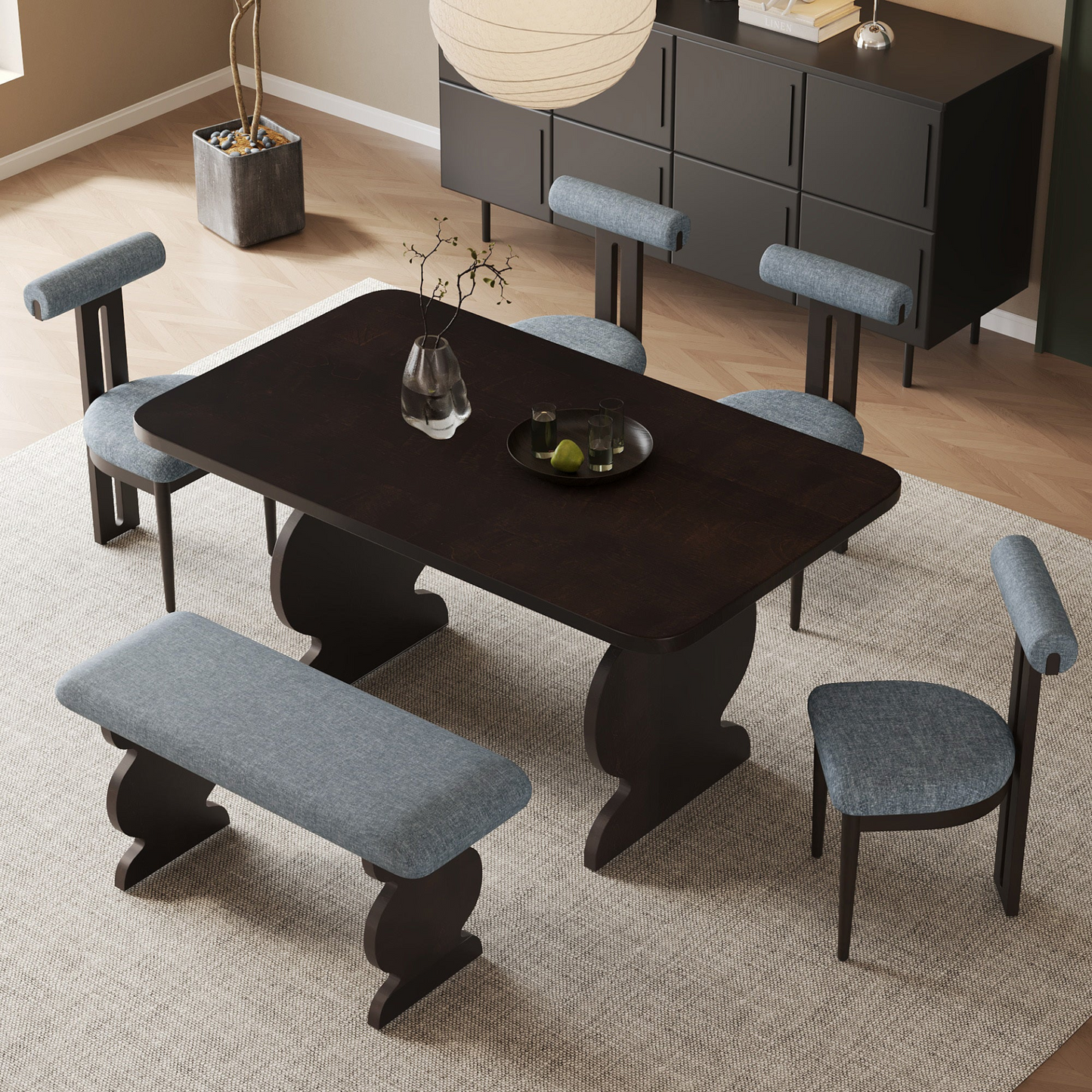 6-Piece Dining Set, Mid-Century Modern Table Set for 6 Persons with 4 Chairs and Bench, Padded Seats and Backrest, Espresso