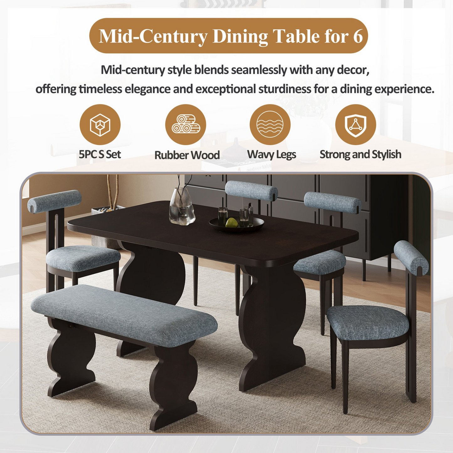 6-Piece Dining Set, Mid-Century Modern Table Set for 6 Persons with 4 Chairs and Bench, Padded Seats and Backrest, Espresso