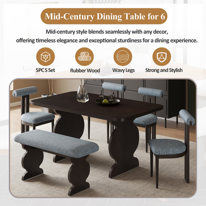 6-Piece Dining Set, Mid-Century Modern Table Set for 6 Persons with 4 Chairs and Bench, Padded Seats and Backrest, Espresso