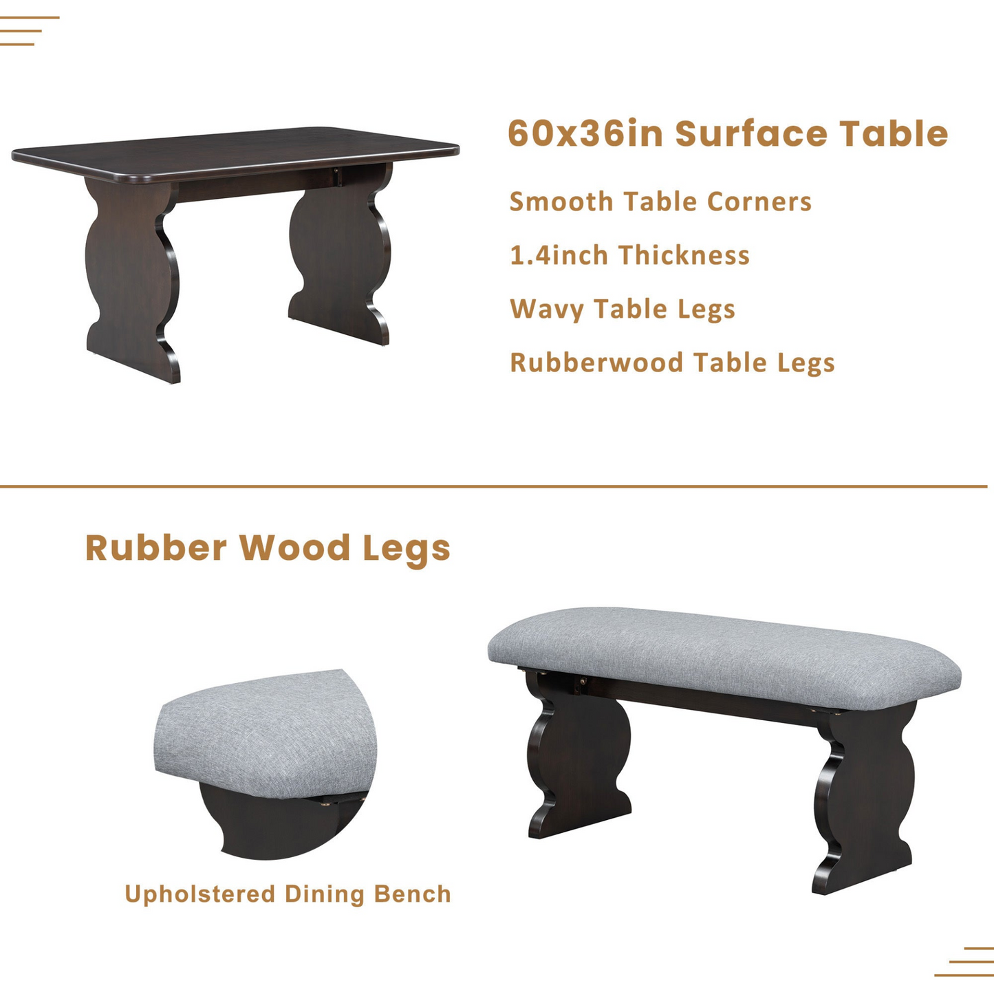 6-Piece Dining Set, Mid-Century Modern Table Set for 6 Persons with 4 Chairs and Bench, Padded Seats and Backrest, Espresso