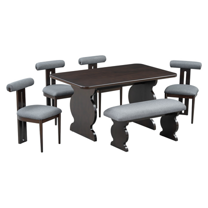 6-Piece Dining Set, Mid-Century Modern Table Set for 6 Persons with 4 Chairs and Bench, Padded Seats and Backrest, Espresso