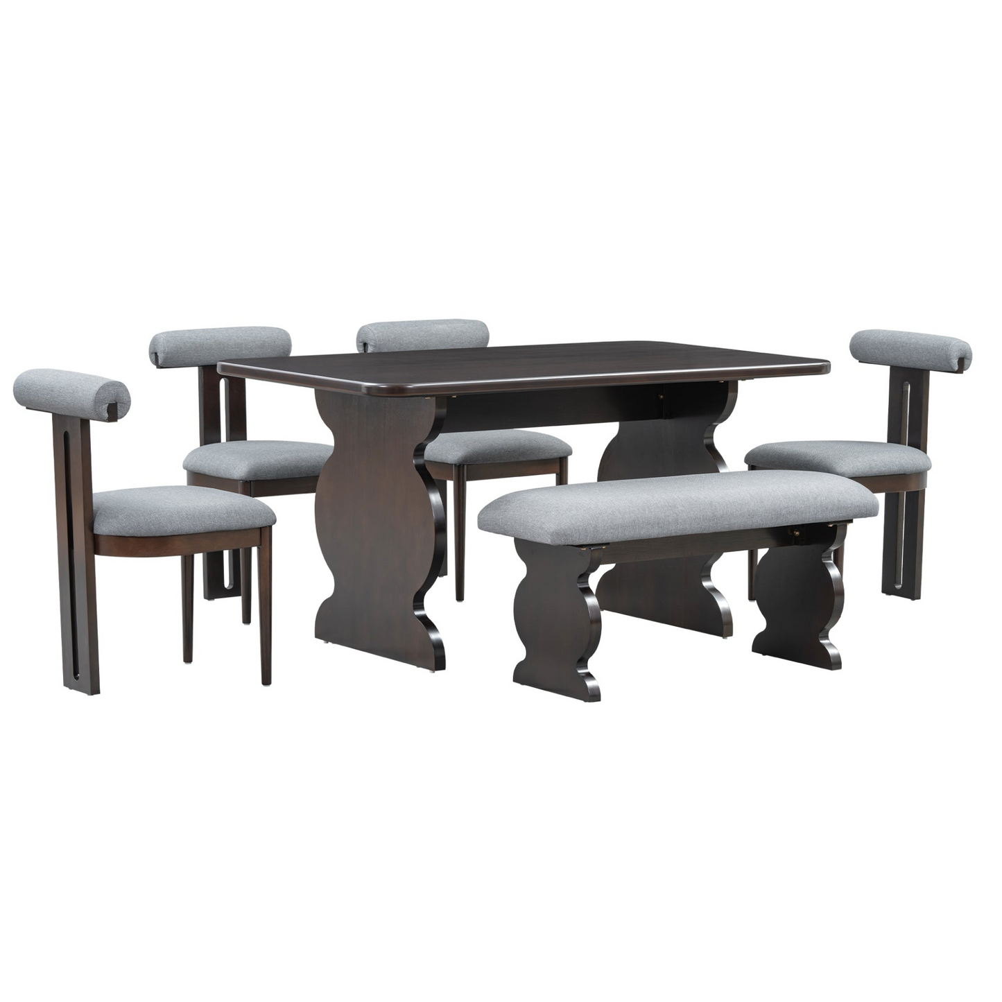 6-Piece Dining Set, Mid-Century Modern Table Set for 6 Persons with 4 Chairs and Bench, Padded Seats and Backrest, Espresso