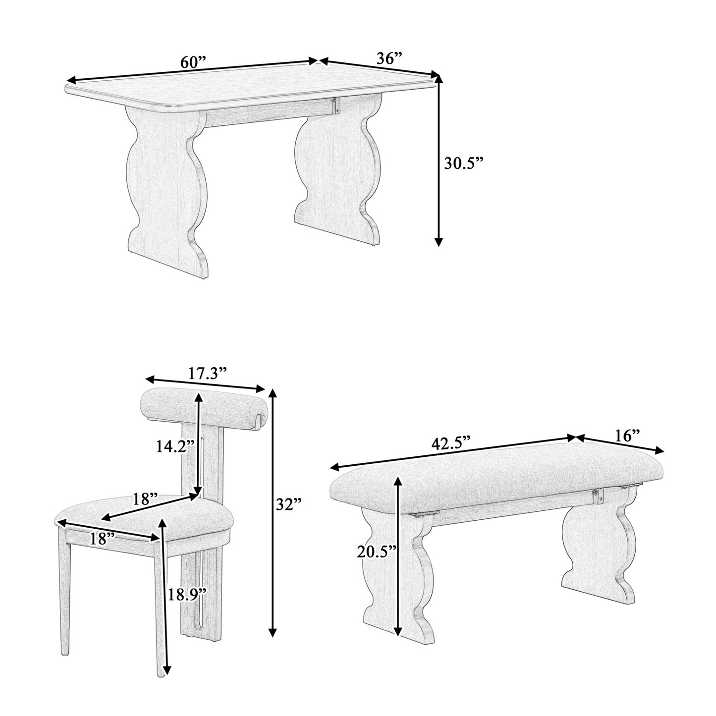 6-Piece Dining Set, Mid-Century Modern Table Set for 6 Persons with 4 Chairs and Bench, Padded Seats and Backrest, Espresso