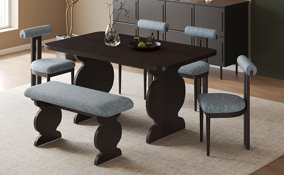 6-Piece Dining Set, Mid-Century Modern Table Set for 6 Persons with 4 Chairs and Bench, Padded Seats and Backrest, Espresso
