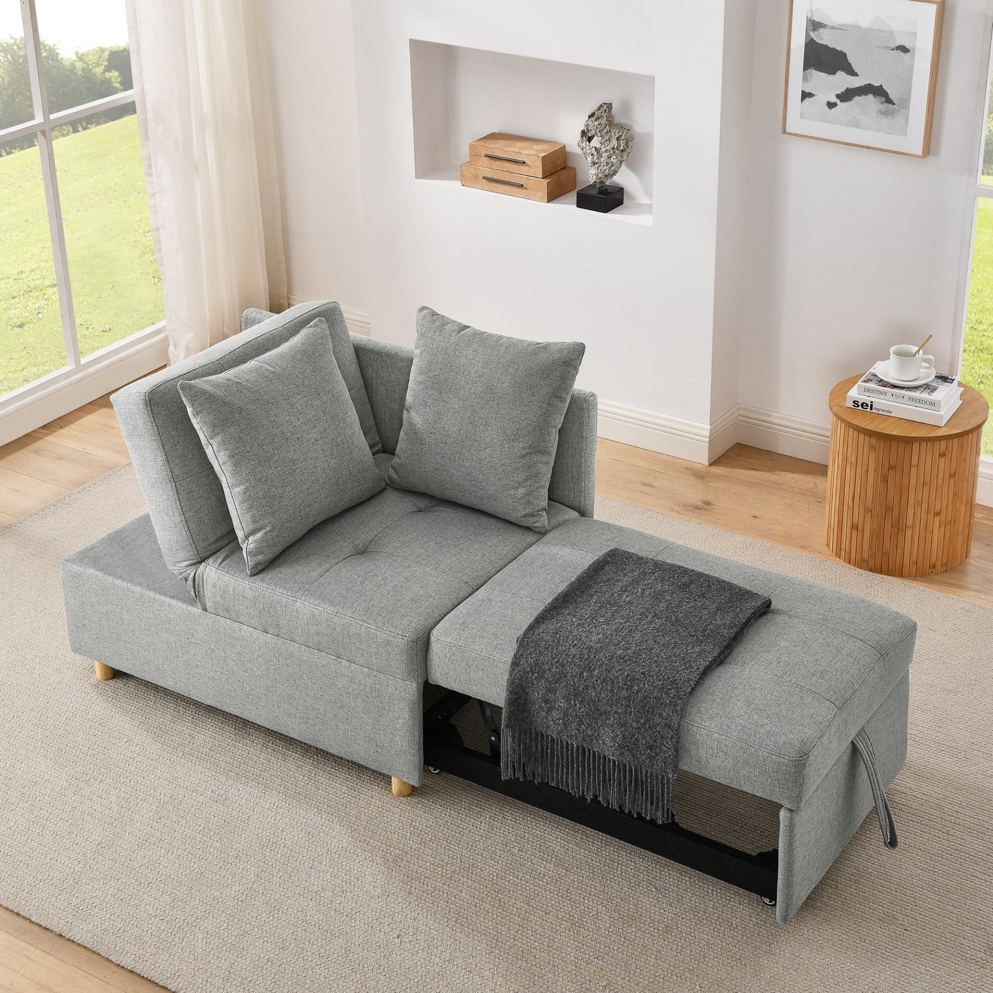 Convertible Sleeper Sofa Chair Adjustable Backrest Recliner with Pullout Sofa Bed with Wheels, Modern Linen Fabric for Living Room for Tight Spaces, Grey