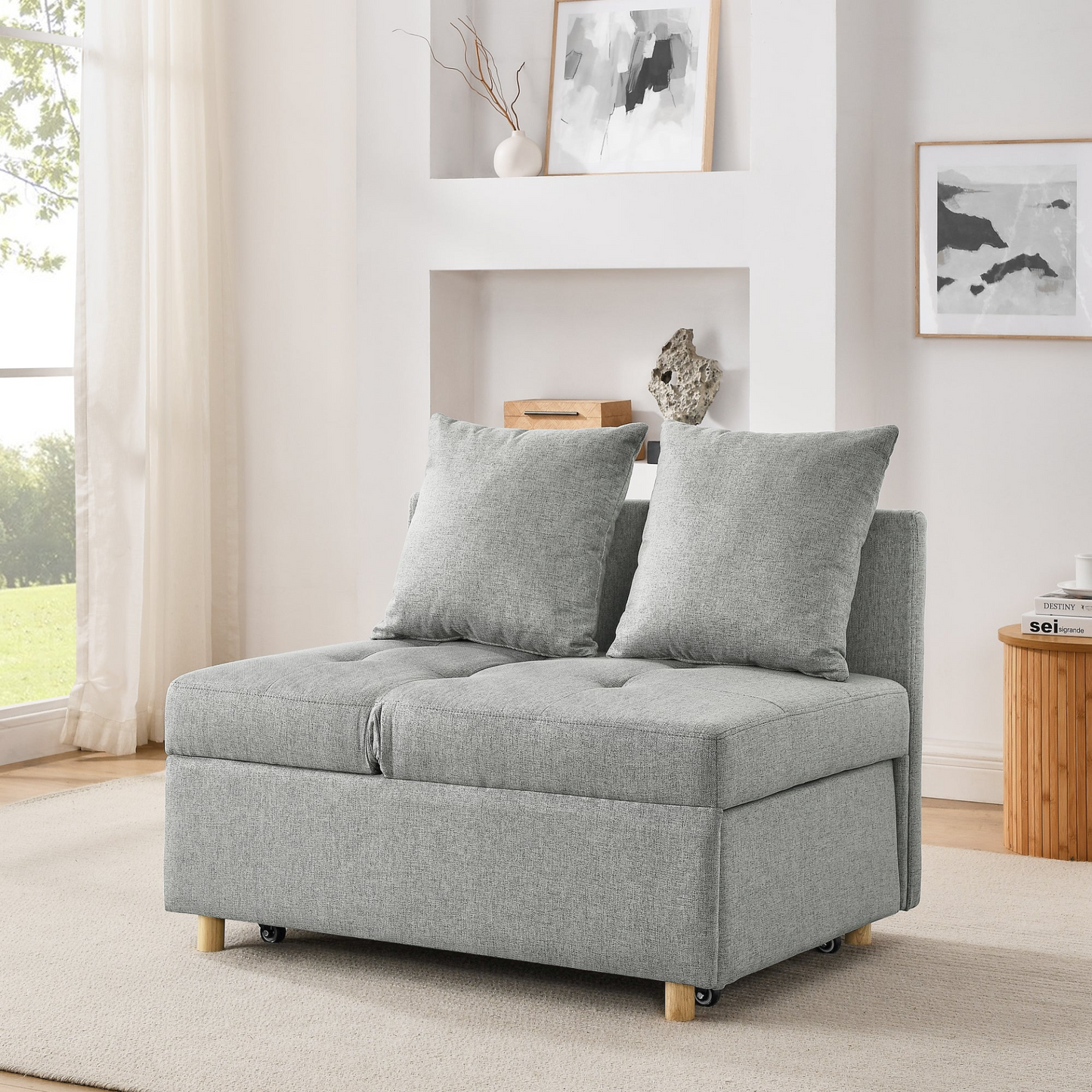 Convertible Sleeper Sofa Chair Adjustable Backrest Recliner with Pullout Sofa Bed with Wheels, Modern Linen Fabric for Living Room for Tight Spaces, Grey