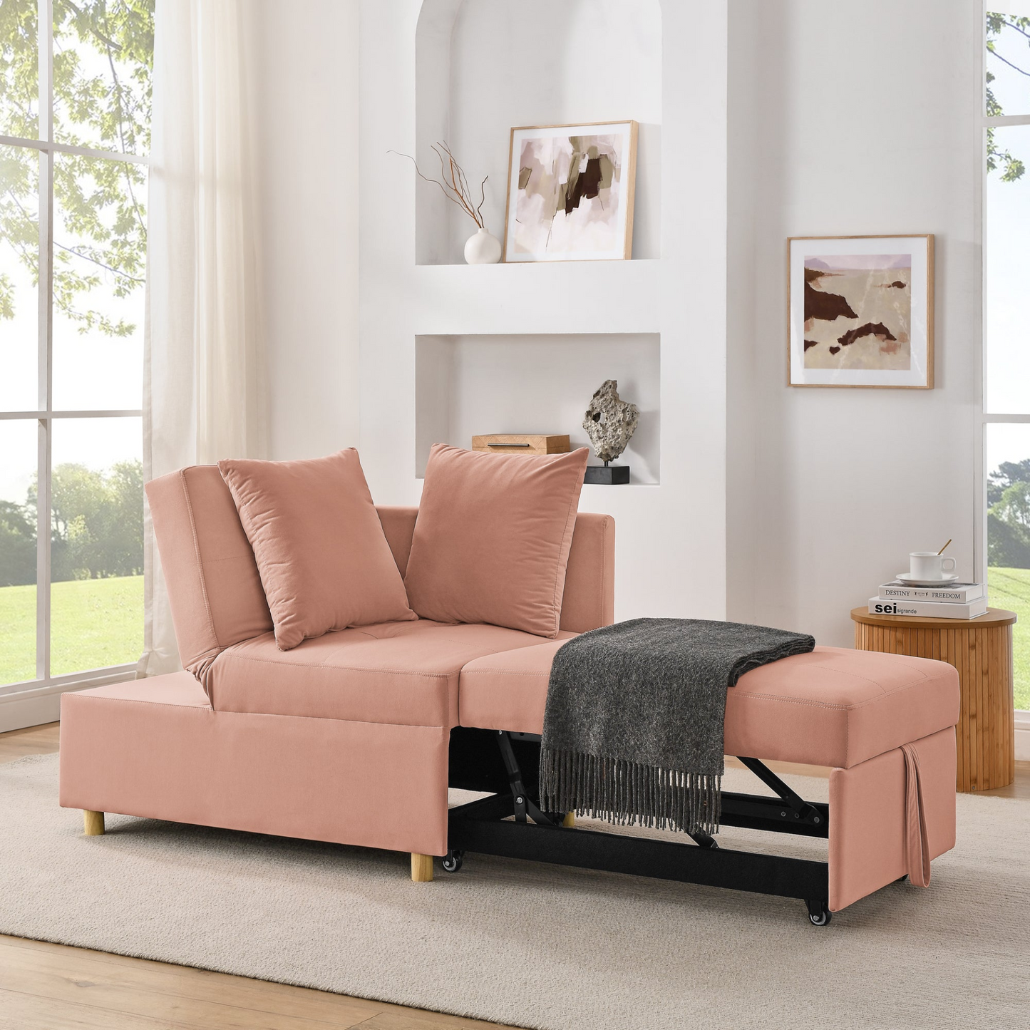 Convertible Sleeper Sofa Chair Adjustable Backrest Recliner with Pullout Sofa Bed with Wheels, Modern Linen Fabric for Living Room for Tight Spaces, Pink