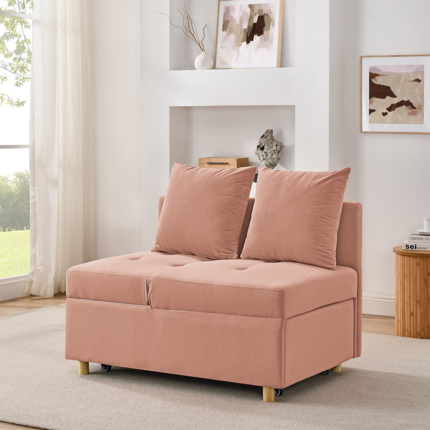 Convertible Sleeper Sofa Chair Adjustable Backrest Recliner with Pullout Sofa Bed with Wheels, Modern Linen Fabric for Living Room for Tight Spaces, Pink