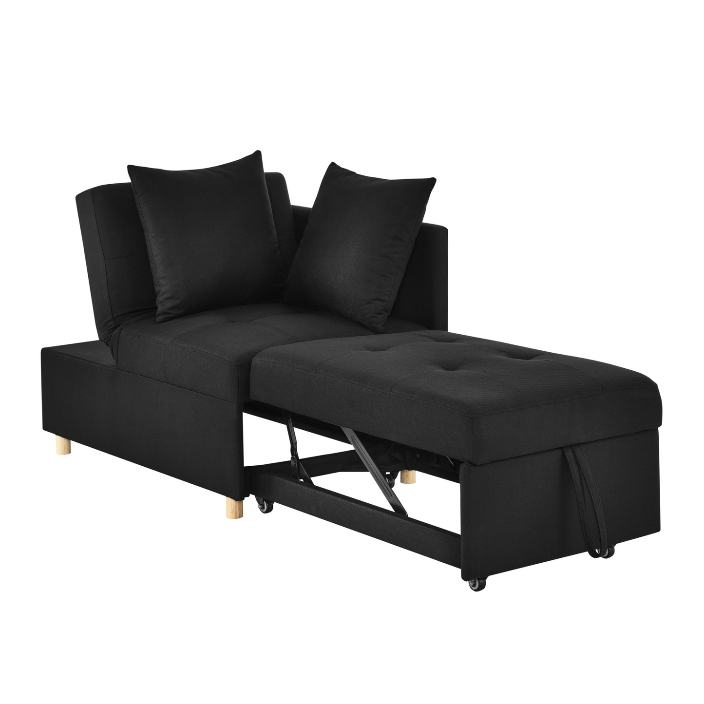 Convertible Sleeper Sofa Chair Adjustable Backrest Recliner with Pullout Sofa Bed with Wheels, Modern Linen Fabric for Living Room for Tight Spaces, Black