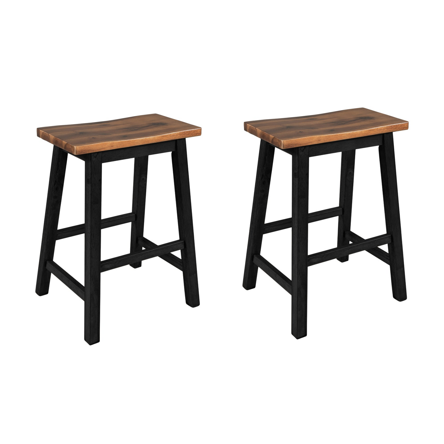 Farmhouse Rustic 2-piece Counter Height Wood Kitchen Dining Stools for Small Places, Walnut+Black