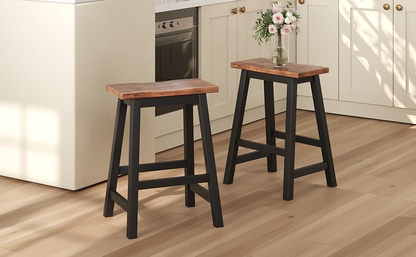 Farmhouse Rustic 2-piece Counter Height Wood Kitchen Dining Stools for Small Places, Walnut+Black