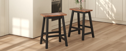 Farmhouse Rustic 2-piece Counter Height Wood Kitchen Dining Stools for Small Places, Walnut+Black