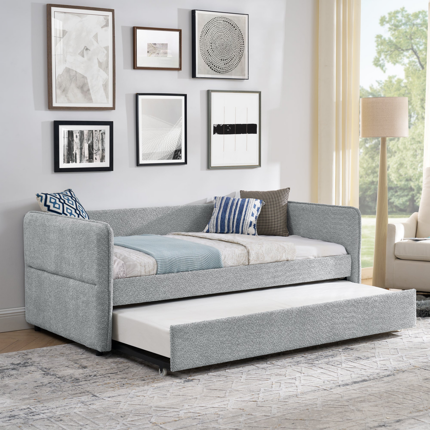 Daybed with Trundle Upholstered Tufted Sofa Bed, Twin Size, Boucle Fabric, Grey(83"x43"x29.5")