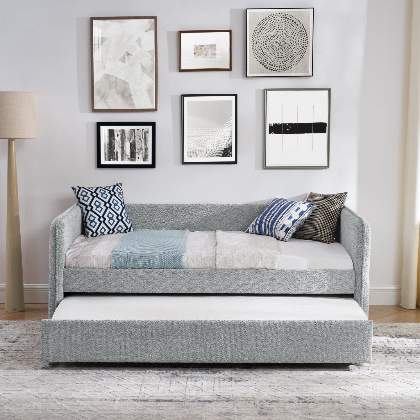 Daybed with Trundle Upholstered Tufted Sofa Bed, Twin Size, Boucle Fabric, Grey(83"x43"x29.5")