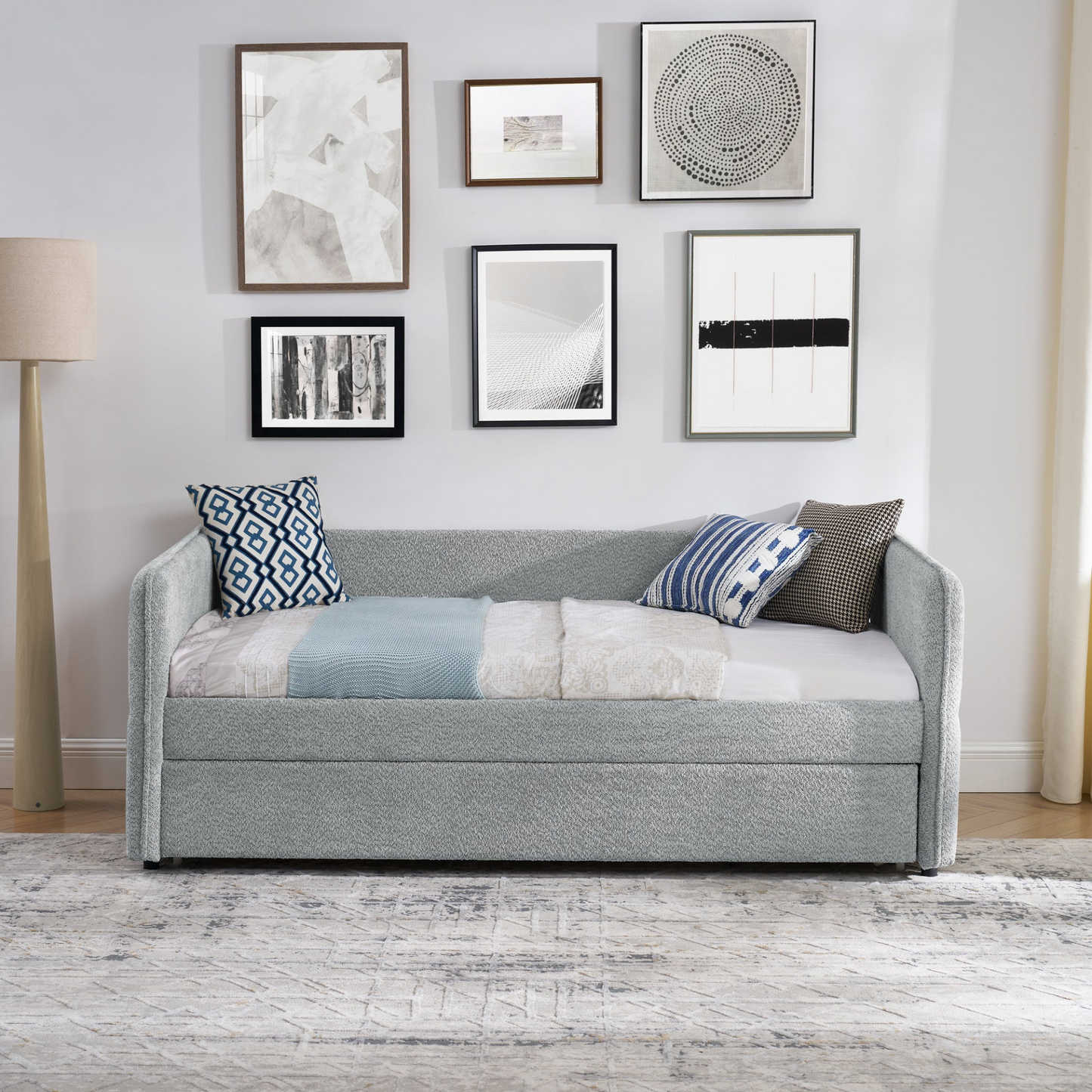 Daybed with Trundle Upholstered Tufted Sofa Bed, Twin Size, Boucle Fabric, Grey(83"x43"x29.5")