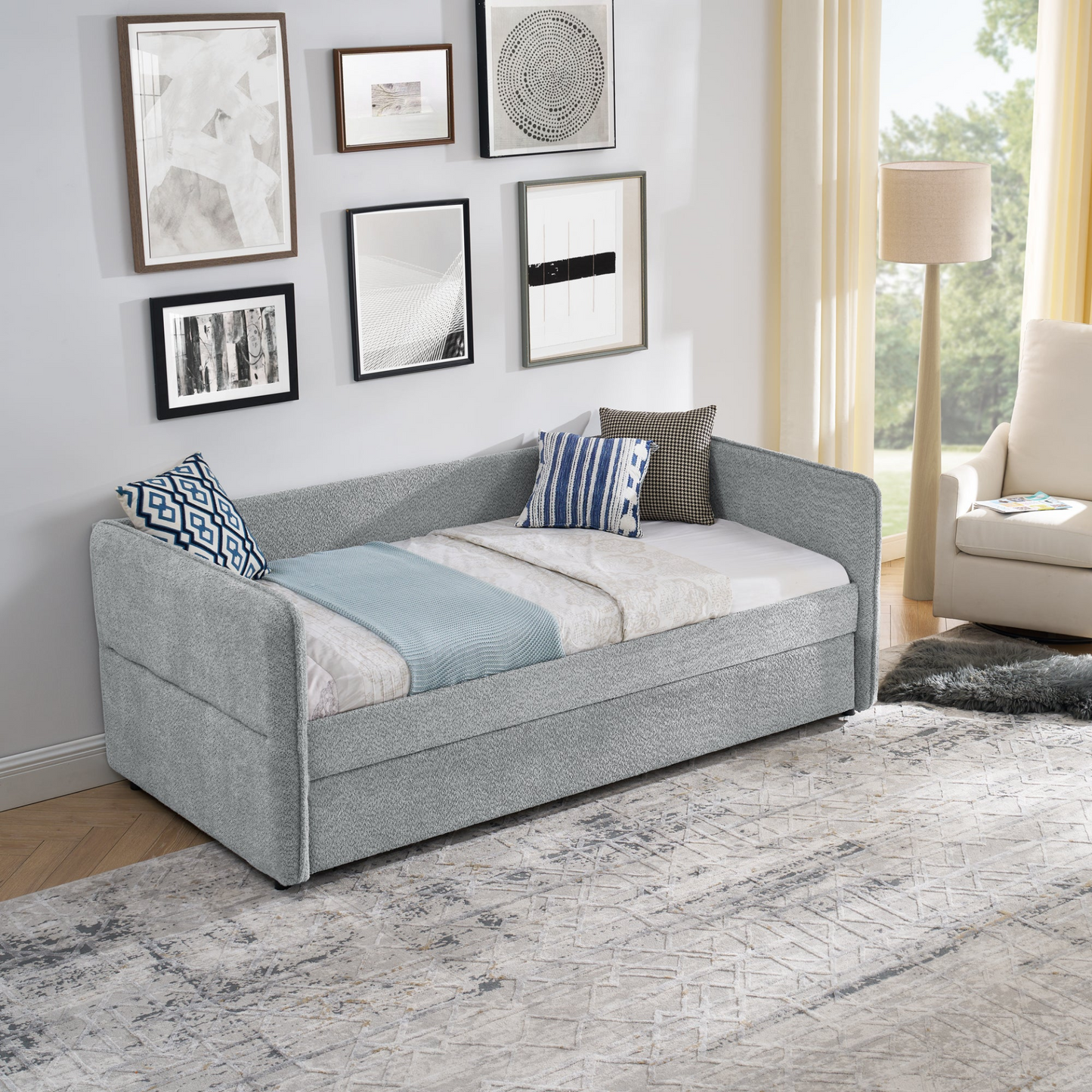 Daybed with Trundle Upholstered Tufted Sofa Bed, Twin Size, Boucle Fabric, Grey(83"x43"x29.5")