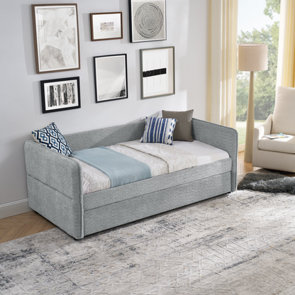 Daybed with Trundle Upholstered Tufted Sofa Bed, Twin Size, Boucle Fabric, Grey(83"x43"x29.5")