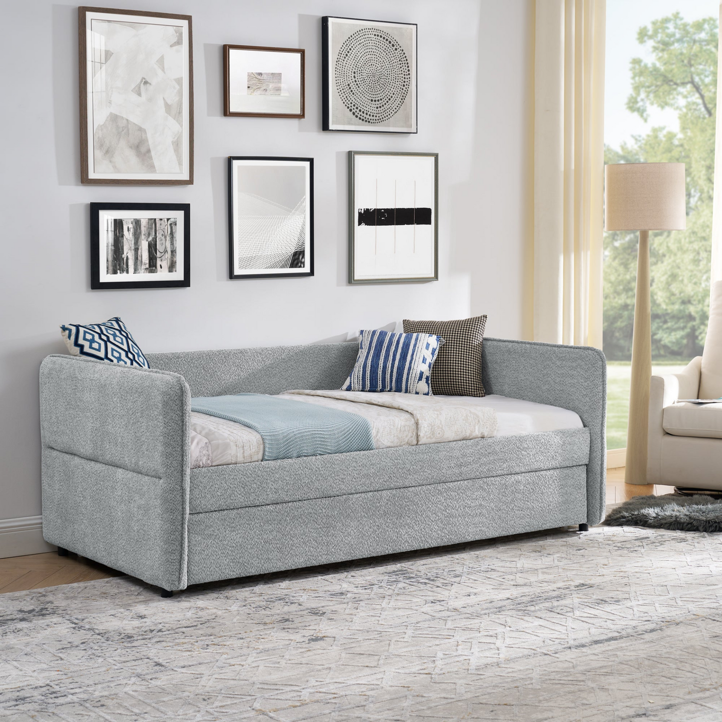 Daybed with Trundle Upholstered Tufted Sofa Bed, Twin Size, Boucle Fabric, Grey(83"x43"x29.5")