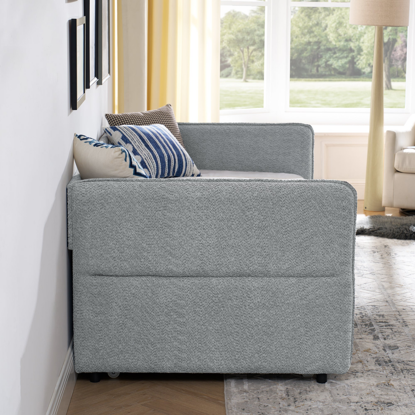Daybed with Trundle Upholstered Tufted Sofa Bed, Twin Size, Boucle Fabric, Grey(83"x43"x29.5")