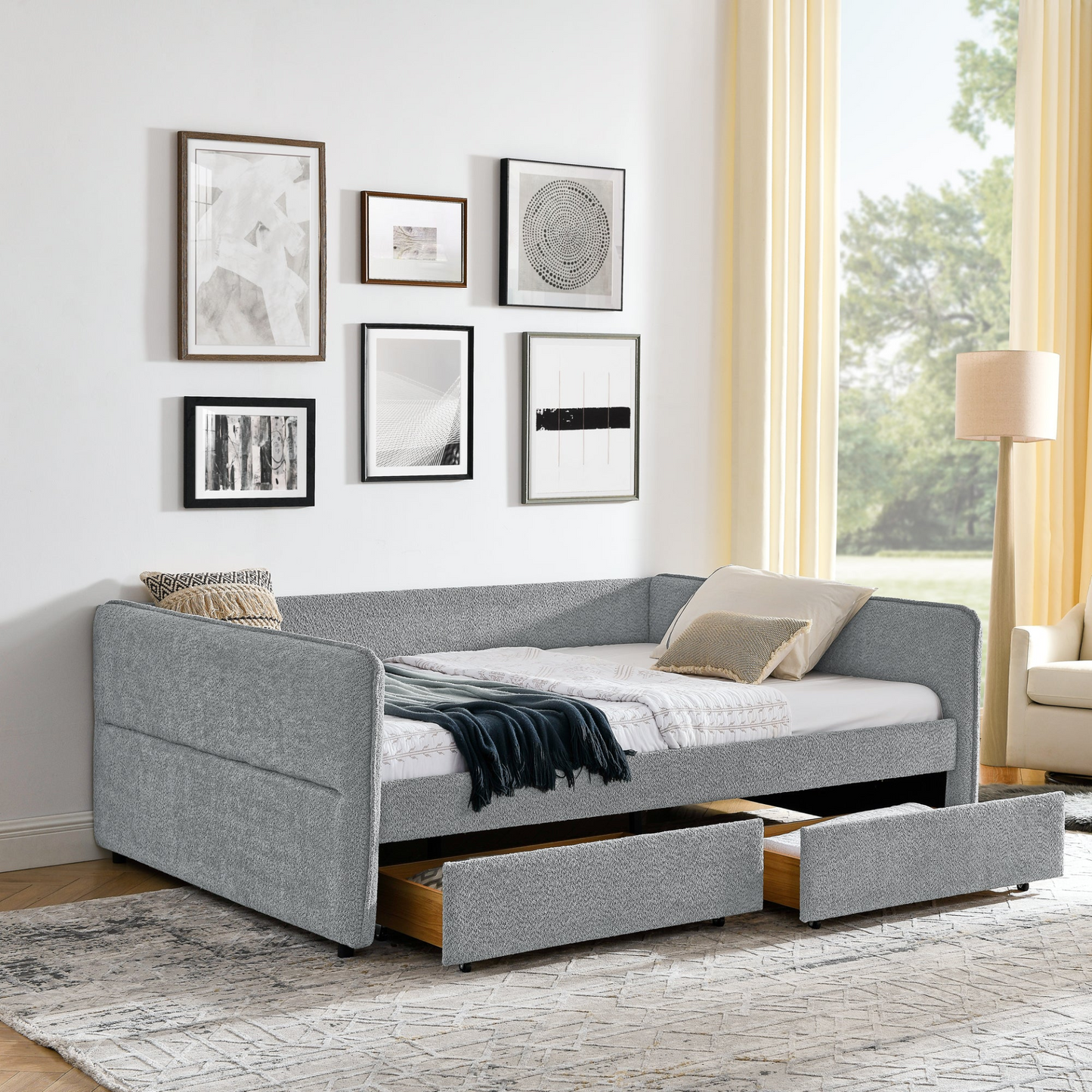 Daybed with Trundle Upholstered Tufted Sofa Bed, with Two Drawers, Queen Size, Boucle Fabric, Grey(88"x65.5"x29.5")