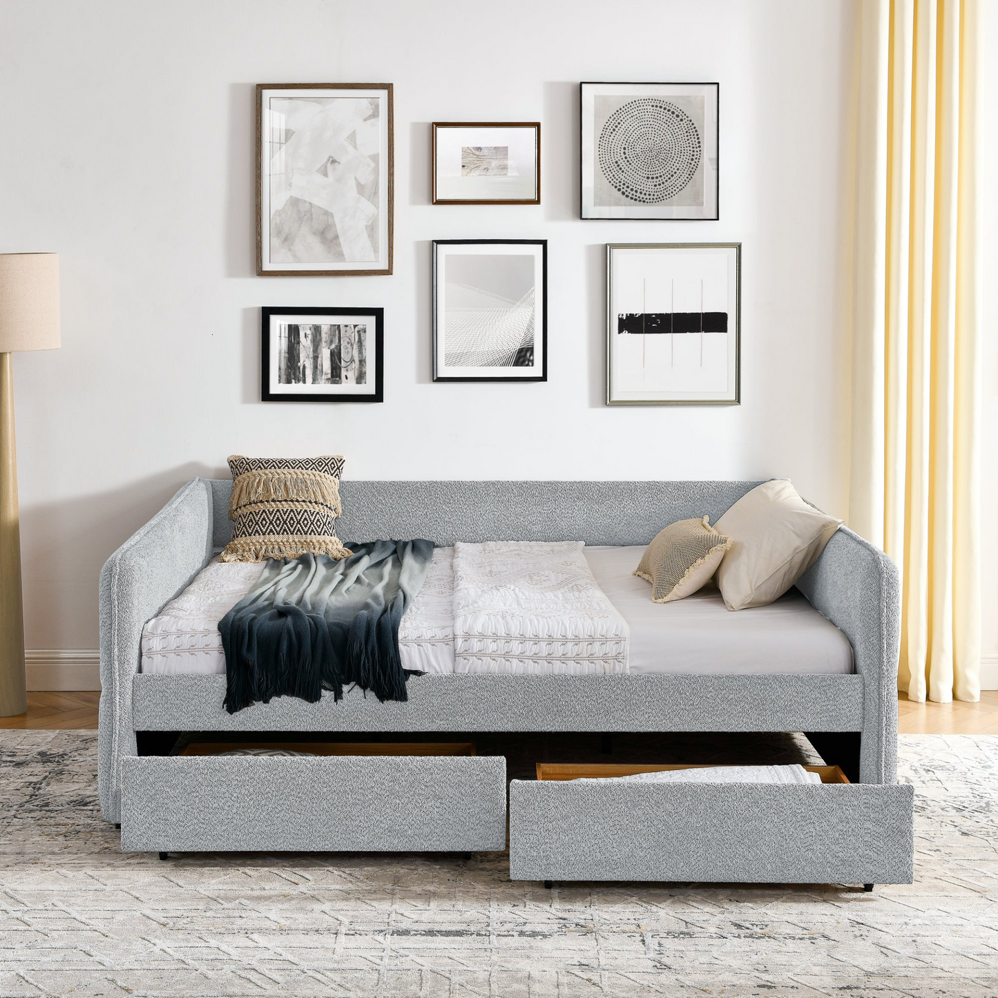 Daybed with Trundle Upholstered Tufted Sofa Bed, with Two Drawers, Queen Size, Boucle Fabric, Grey(88"x65.5"x29.5")