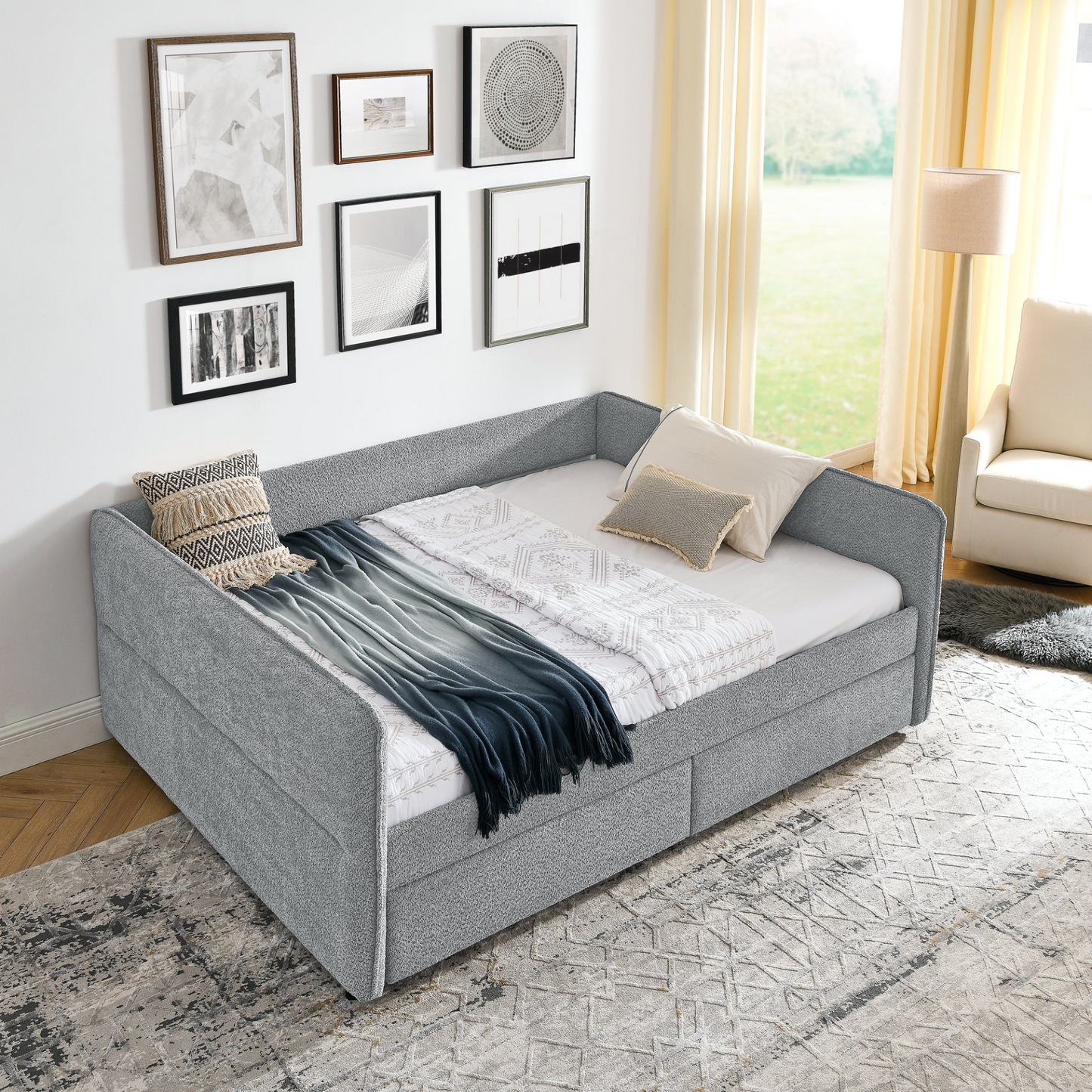 Daybed with Trundle Upholstered Tufted Sofa Bed, with Two Drawers, Queen Size, Boucle Fabric, Grey(88"x65.5"x29.5")