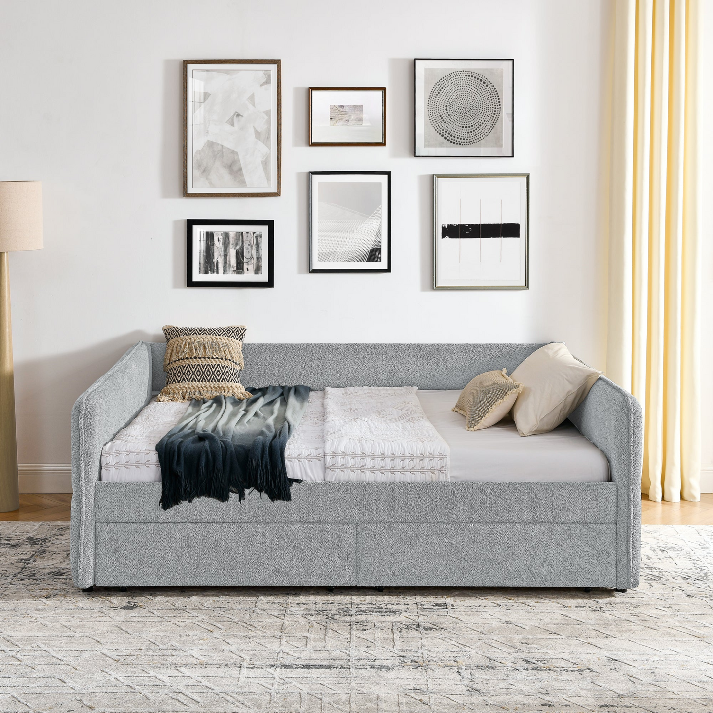 Daybed with Trundle Upholstered Tufted Sofa Bed, with Two Drawers, Queen Size, Boucle Fabric, Grey(88"x65.5"x29.5")