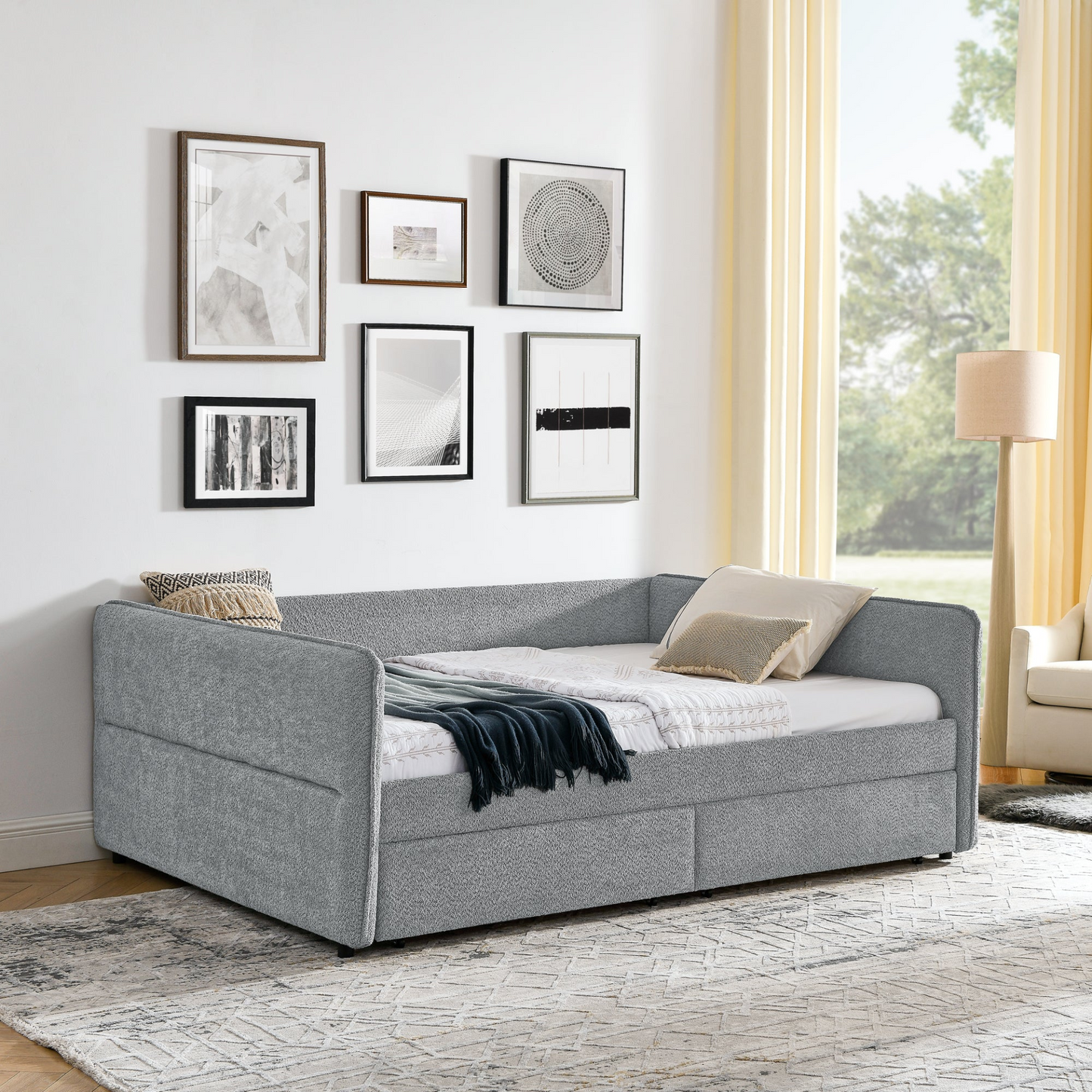 Daybed with Trundle Upholstered Tufted Sofa Bed, with Two Drawers, Queen Size, Boucle Fabric, Grey(88"x65.5"x29.5")