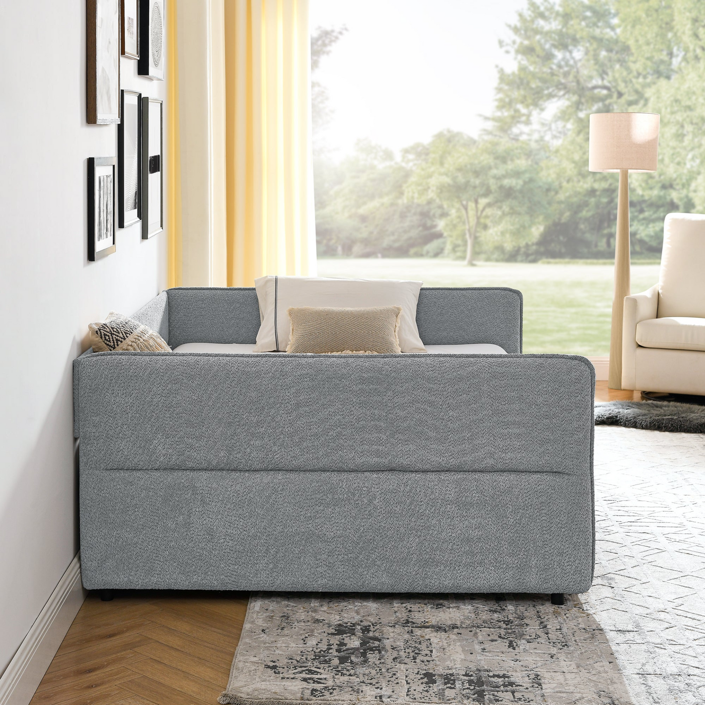 Daybed with Trundle Upholstered Tufted Sofa Bed, with Two Drawers, Queen Size, Boucle Fabric, Grey(88"x65.5"x29.5")