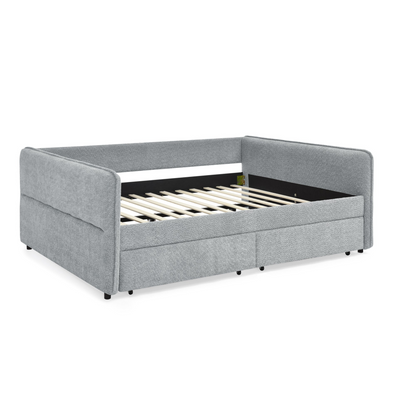 Daybed with Trundle Upholstered Tufted Sofa Bed, with Two Drawers, Queen Size, Boucle Fabric, Grey(88"x65.5"x29.5")