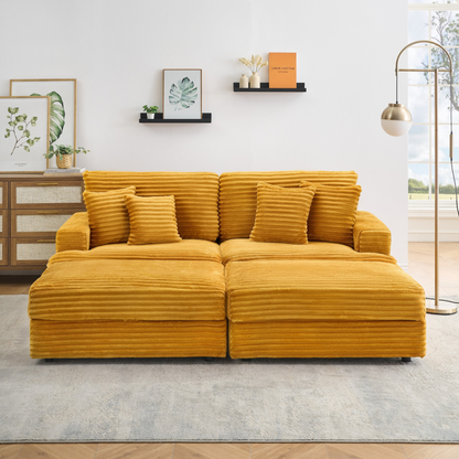 82 inches orange corduroy sofa, two storage feet +4 throw pillows, create a living room, office fashion new darling!