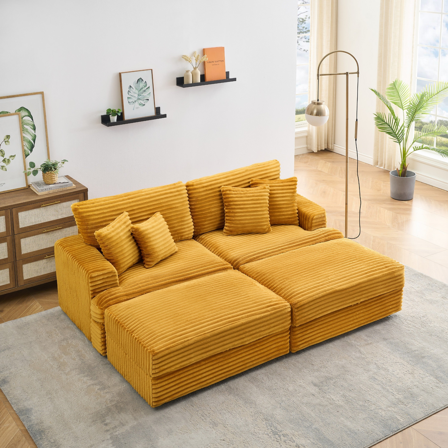 82 inches orange corduroy sofa, two storage feet +4 throw pillows, create a living room, office fashion new darling!