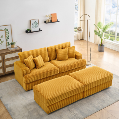 82 inches orange corduroy sofa, two storage feet +4 throw pillows, create a living room, office fashion new darling!