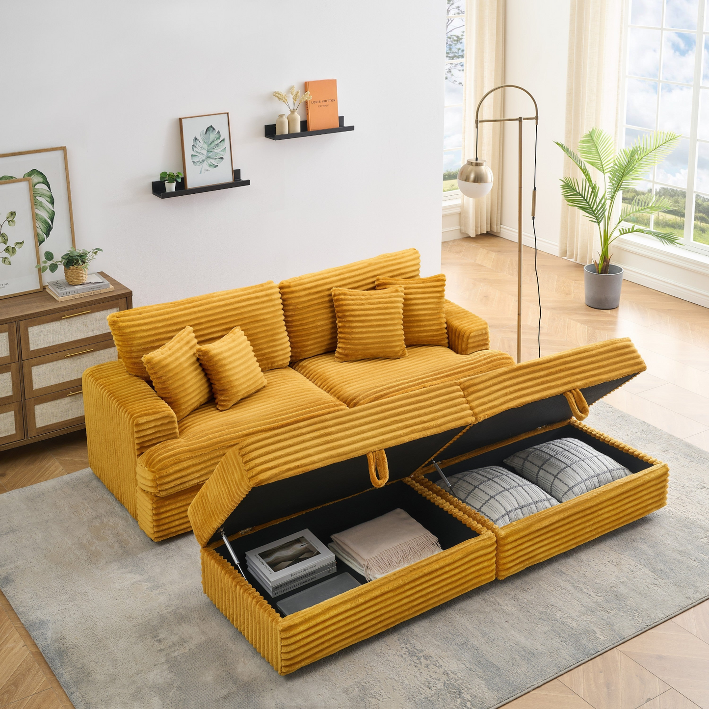 82 inches orange corduroy sofa, two storage feet +4 throw pillows, create a living room, office fashion new darling!