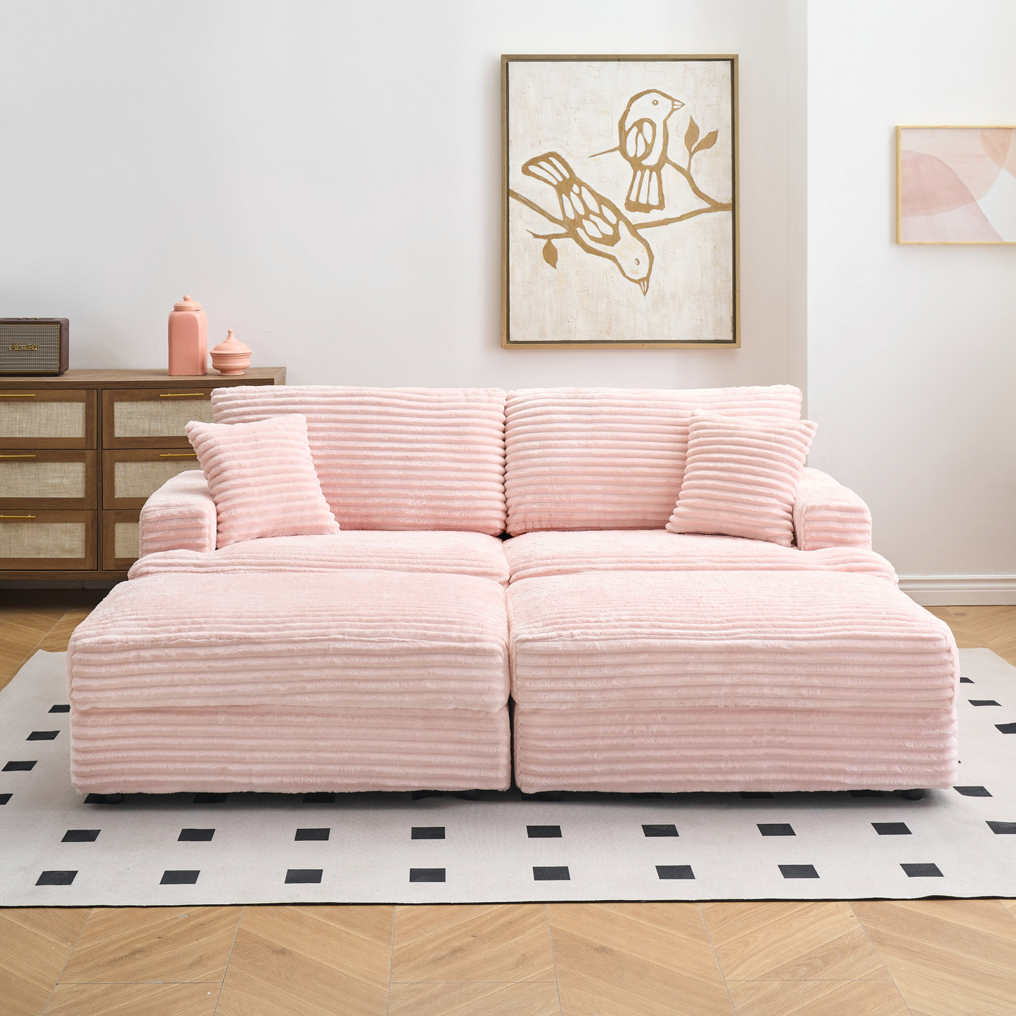 82 inches pink corduroy sofa, two storage feet +4 throw pillows, create a living room, office fashion new darling!