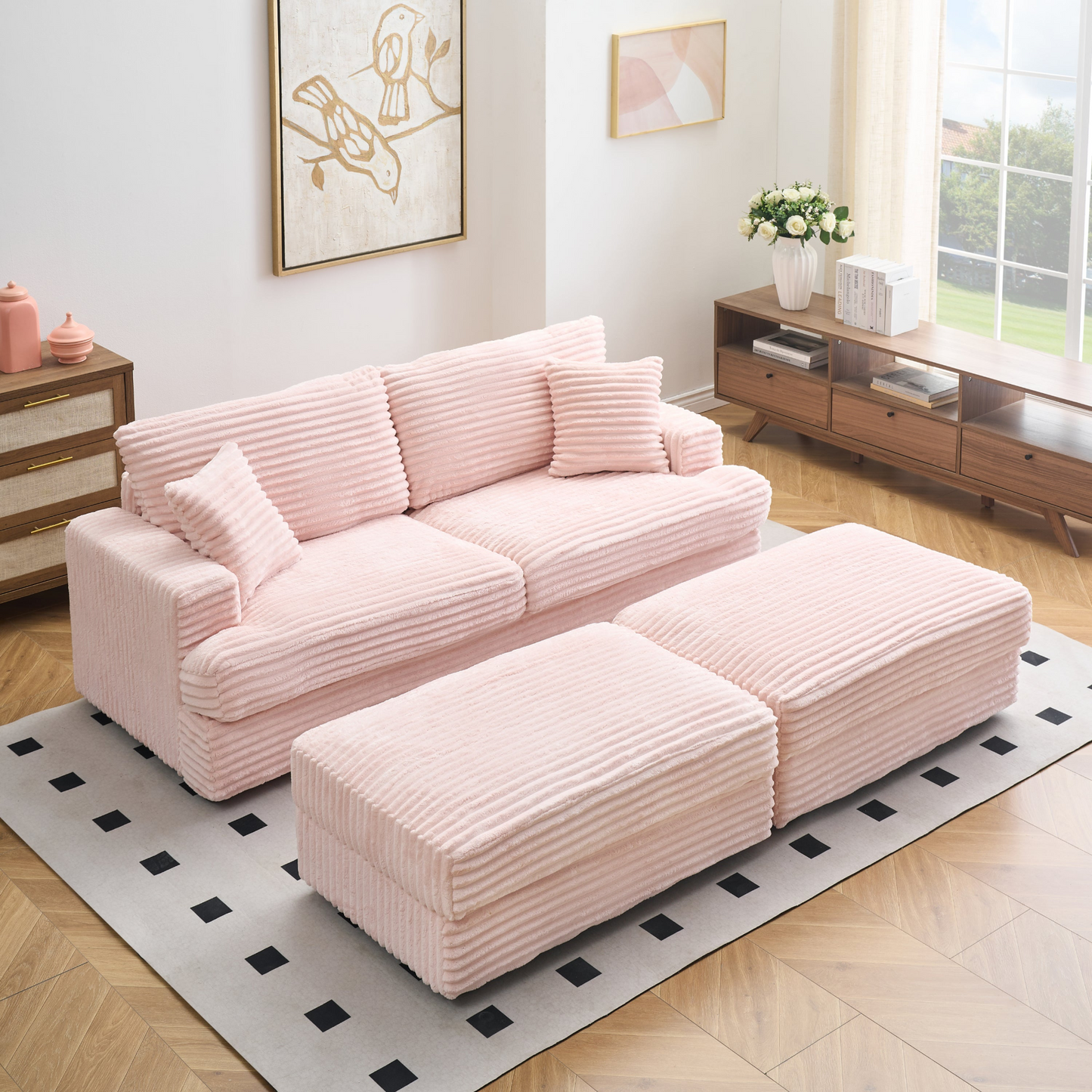 82 inches pink corduroy sofa, two storage feet +4 throw pillows, create a living room, office fashion new darling!