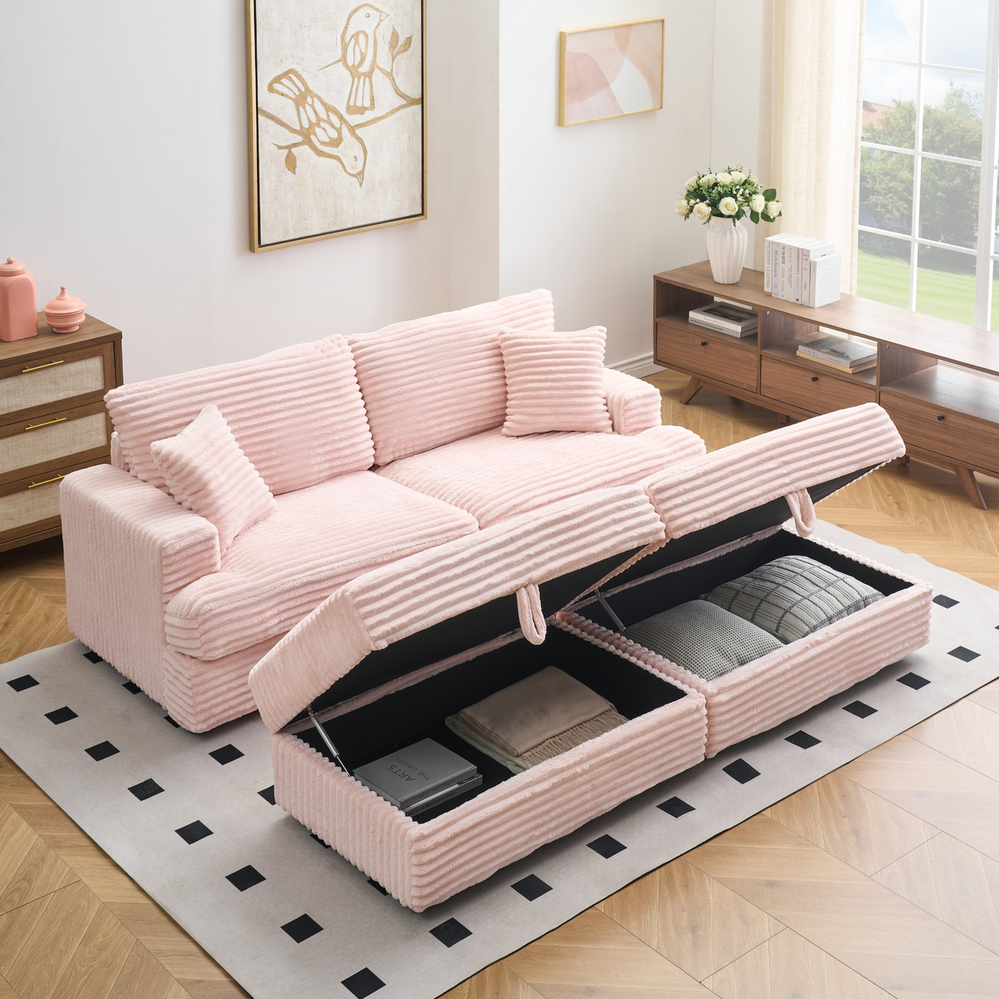 82 inches pink corduroy sofa, two storage feet +4 throw pillows, create a living room, office fashion new darling!