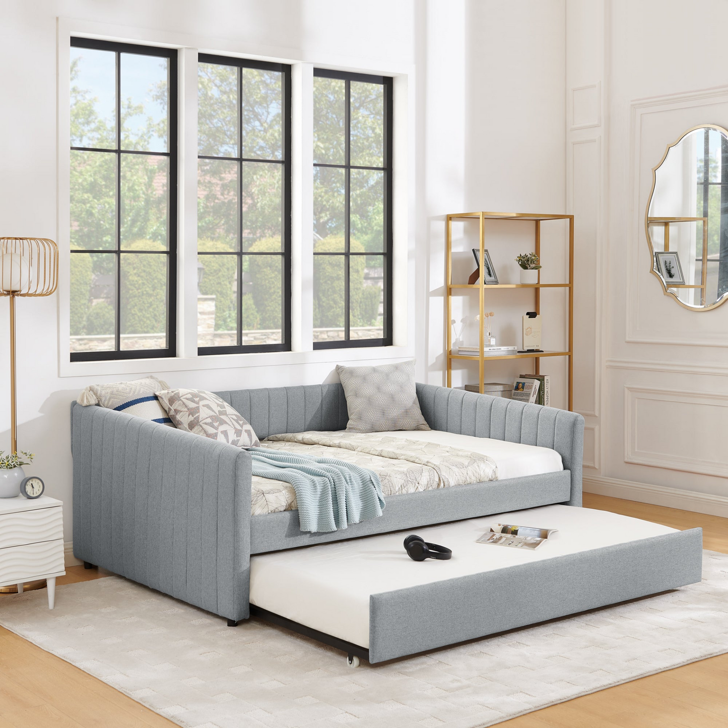 Full Size Daybed with Trundle Upholstered Sofa Bed, with Vertical Stripes, Linen Fabric, Grey (82.5"x58"x30")