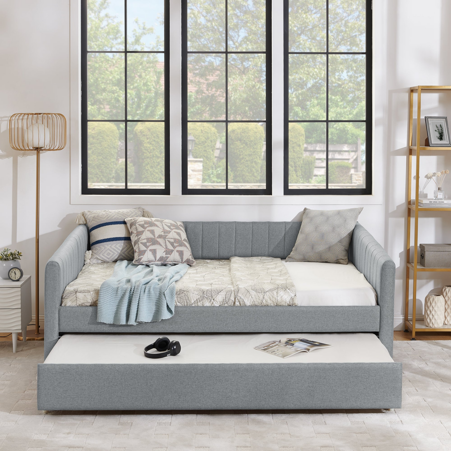 Full Size Daybed with Trundle Upholstered Sofa Bed, with Vertical Stripes, Linen Fabric, Grey (82.5"x58"x30")