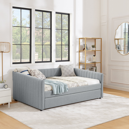 Full Size Daybed with Trundle Upholstered Sofa Bed, with Vertical Stripes, Linen Fabric, Grey (82.5"x58"x30")