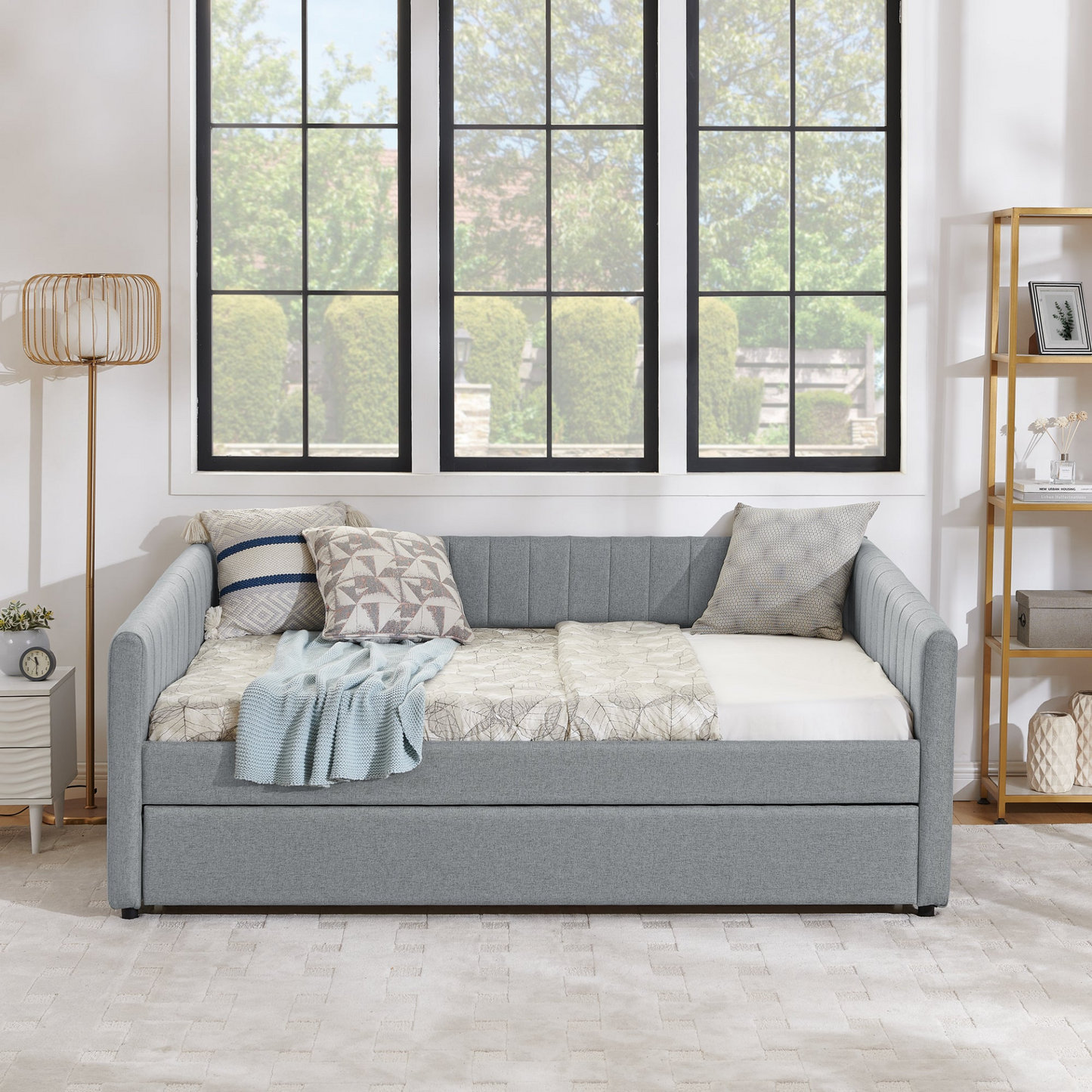 Full Size Daybed with Trundle Upholstered Sofa Bed, with Vertical Stripes, Linen Fabric, Grey (82.5"x58"x30")