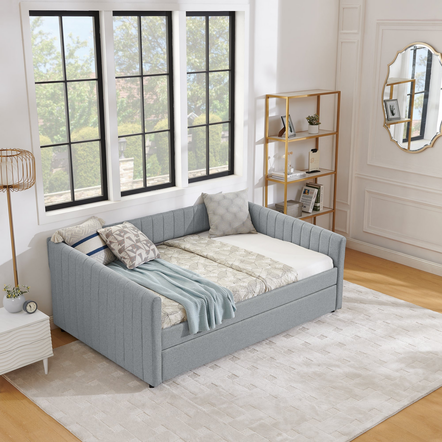 Full Size Daybed with Trundle Upholstered Sofa Bed, with Vertical Stripes, Linen Fabric, Grey (82.5"x58"x30")