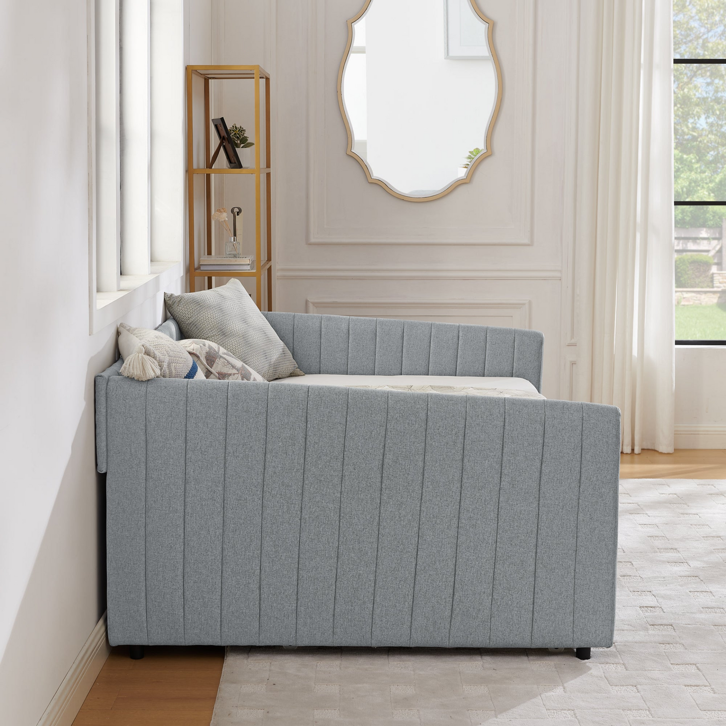 Full Size Daybed with Trundle Upholstered Sofa Bed, with Vertical Stripes, Linen Fabric, Grey (82.5"x58"x30")