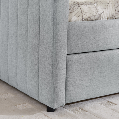 Full Size Daybed with Trundle Upholstered Sofa Bed, with Vertical Stripes, Linen Fabric, Grey (82.5"x58"x30")